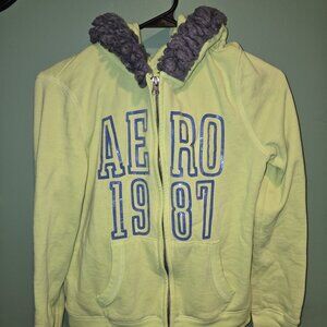 Aeropostale 87 Hoodie Large Neon Green Faux Fur Zip Up